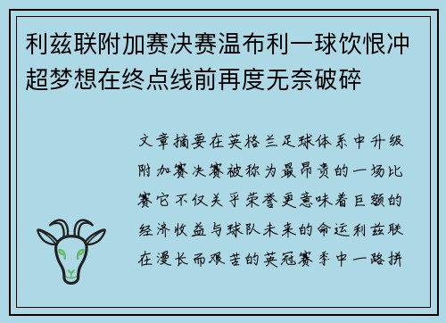 利兹联附加赛决赛温布利一球饮恨冲超梦想在终点线前再度无奈破碎
